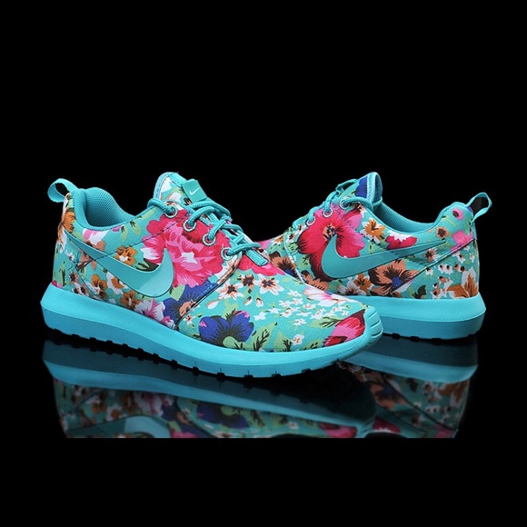 blue nikes with flowers